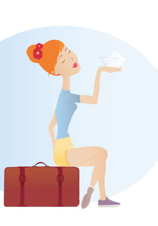 Dreaming of Traveling  Illustration of a young woman sitting on a suitcase and creatively planing her next trip のイラスト素材