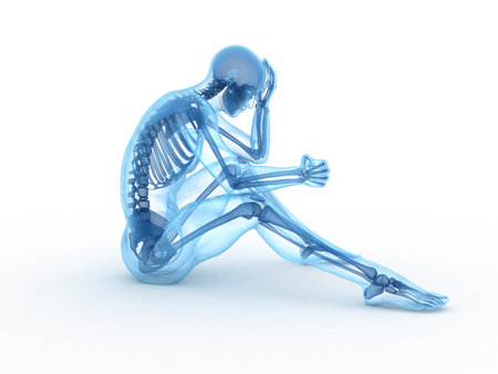 3d rendered illustration of a sitting male with visible bonesの写真素材