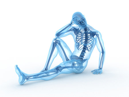 3d rendered illustration of a sitting male with visible bonesの写真素材