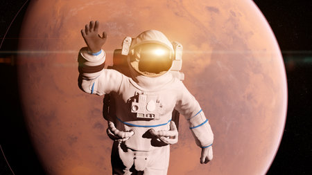 3d rendered illustration of of an astronaut infront of mars