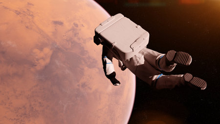 3d rendered illustration of of an astronaut infront of marsの写真素材