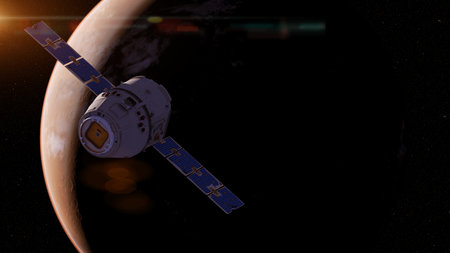 3d rendered illustration of a satelite infront of marsの写真素材