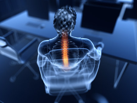3d rendered illustration of a man working on a pc - having a painful backの写真素材