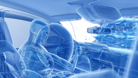 3d rendered illustration of two colliding cars - illustrating the effect of an impact with airbagの写真素材