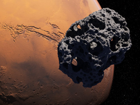 3d rendered illustration of an asteroid infront of mars