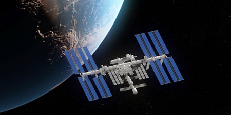 3d rendered illustration of the ISS infront of the earth