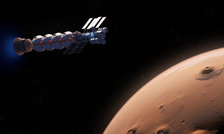 3d rendered sci-fi illustration of a spaceship traveling to marsの写真素材