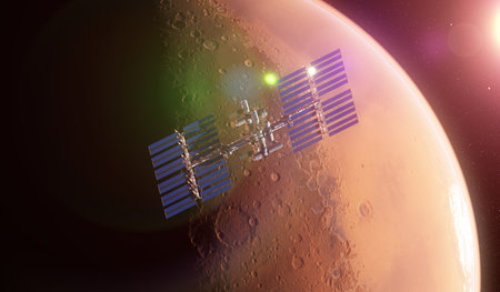 3d rendered illustration of a space station in orbit of mars