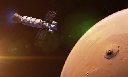 3d rendered sci-fi illustration of a spaceship traveling to marsの写真素材
