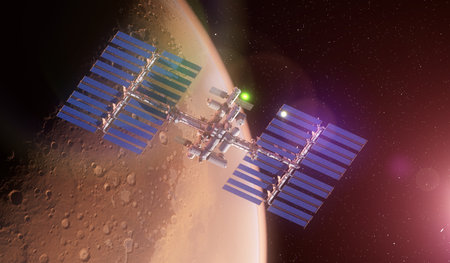 3d rendered illustration of a space station in orbit of mars