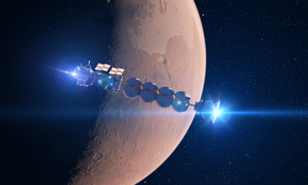 3d rendered sci-fi illustration of a spaceship traveling to marsの写真素材