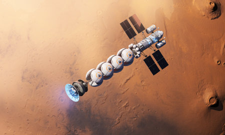 3d rendered sci-fi illustration of a spaceship traveling to marsの写真素材