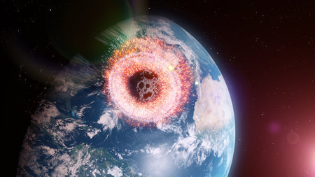 3d rendered illustration of an asteroid impacts earthの写真素材