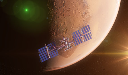 3d rendered illustration of a space station in orbit of marsの写真素材