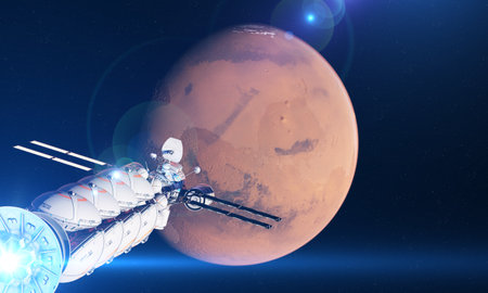 3d rendered sci-fi illustration of a spaceship traveling to marsの写真素材