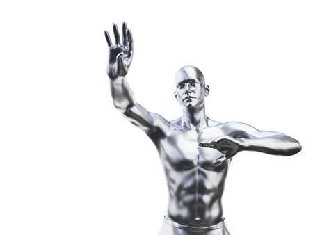 3d rendered illustration of a metal man in defensive poseの写真素材