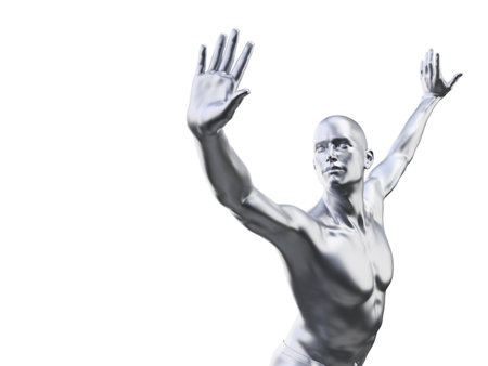 3d rendered illustration of a metal man in defensive poseの写真素材