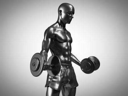 3d rendered medically accurate illustration of a metallic man lifting dumbbellsの写真素材