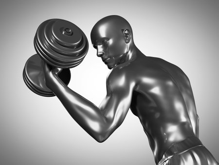 3d rendered medically accurate illustration of a metallic man lifting dumbbellsの写真素材