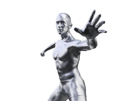 3d rendered illustration of a metal man in defensive poseの写真素材
