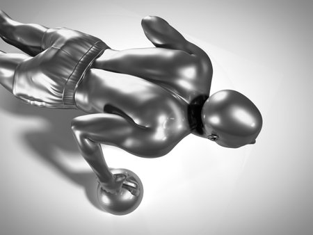 3d rendered medically accurate illustration of a metallic man doing a kettlebell workoutの写真素材