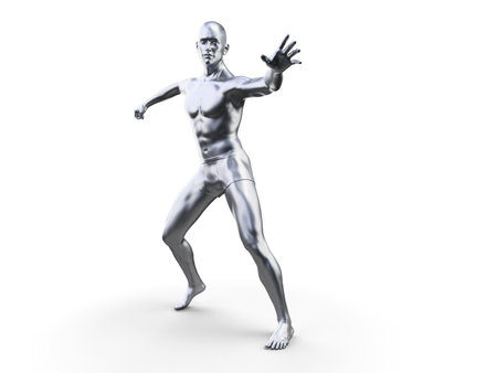 3d rendered illustration of a metal man in defensive poseの写真素材