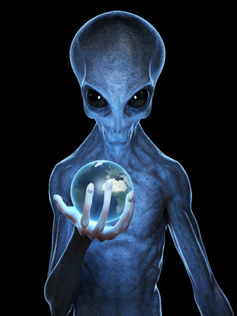 3d rendered medically accurate illustration of a grey alien holding the earthの写真素材