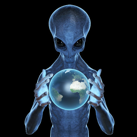 3d rendered medically accurate illustration of a grey alien holding the earth