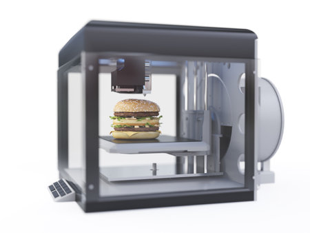 3d rendered illustration of a 3d printer printing a burgerの写真素材