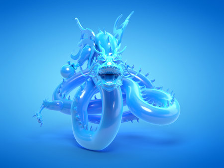 3d rendered illustration of a blue asian dragon statueの写真素材