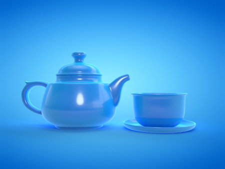 3d rendered illustration of a blue tea setの写真素材