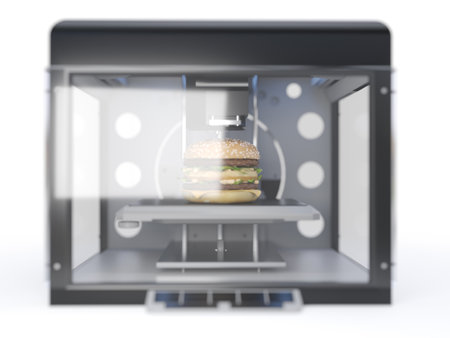 3d rendered illustration of a 3d printer printing a burgerの写真素材