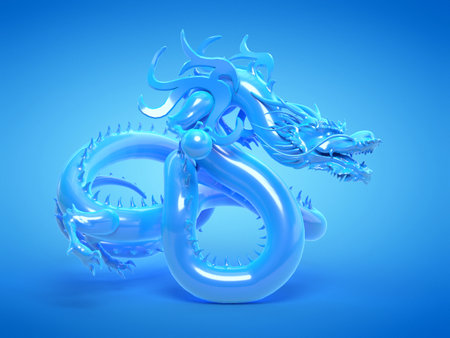 3d rendered illustration of a blue asian dragon statueの写真素材