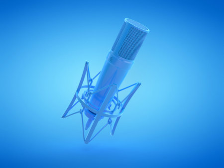 3d rendered illustration of a blue studio microphoneの写真素材