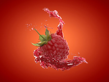 3d rendered food illustration of a raspberry splashの写真素材