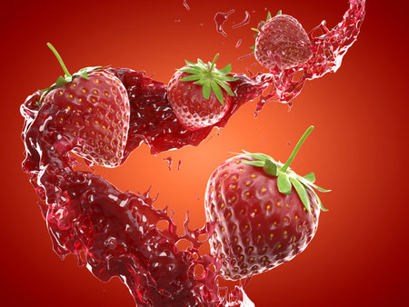 3d rendered food illustration of a stawberry splashの写真素材