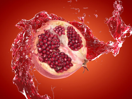 3d rendered food illustration of a pomegranate splashの写真素材
