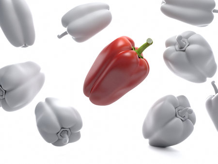 3d rendered food illustration of a bunch of falling peppersの写真素材