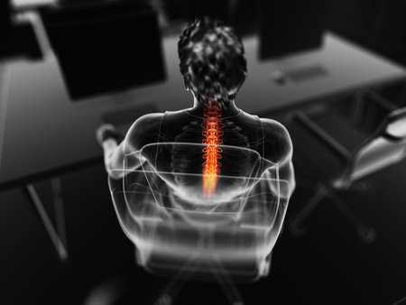 3d rendered illustration of a man working on a pc - having a painful backの写真素材