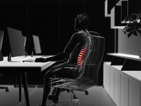 3d rendered illustration of a man working on a pc - having a painful backの写真素材