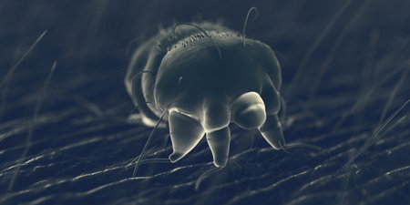 3d rendered illustration of a scabies mite on human skin, sem style