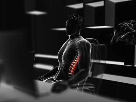3d rendered illustration of a man working on a pc - having a painful backの写真素材