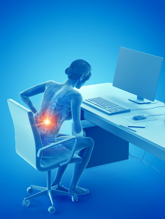 3d rendered medically accurate illustration of a woman having a painful back while workingの写真素材