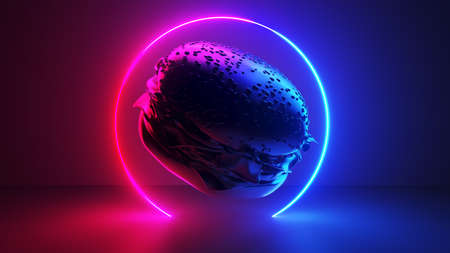 3d rendered illustration of a neon style burgerの写真素材