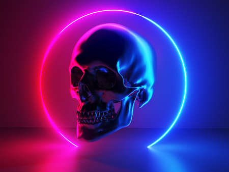 3d rendered illustration of a neon style skullの写真素材