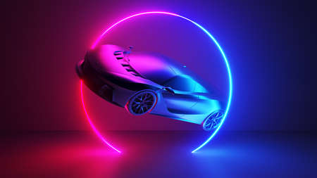 3d rendered illustration of a neon style sports carの写真素材