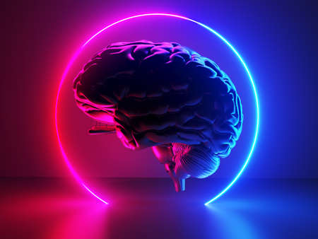3d rendered illustration of a neon style brainの写真素材