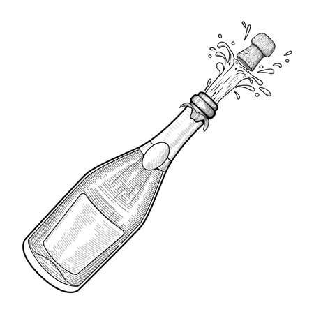 Vector illustration in vintage style. Engraving. A shot of a bottle of champagne. Explosion of a bottle of champagne. Black-white drawing.のイラスト素材