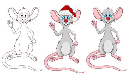 Vector illustration of a cartoon rat. Set of rats. Rat in a santa claus hat. Rat coloring book.のイラスト素材