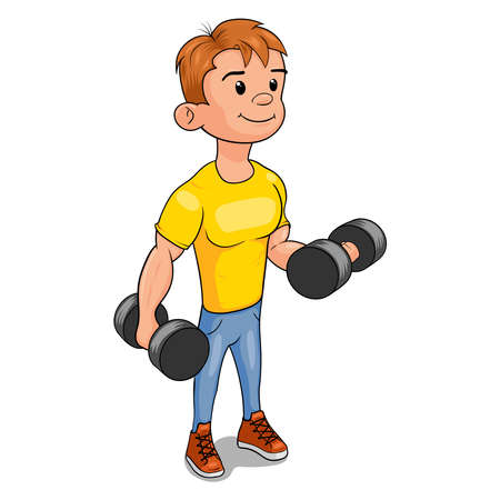 Muscular guy with dumbbells is engaged in fitness. Vector illustration in cartoon style.のイラスト素材